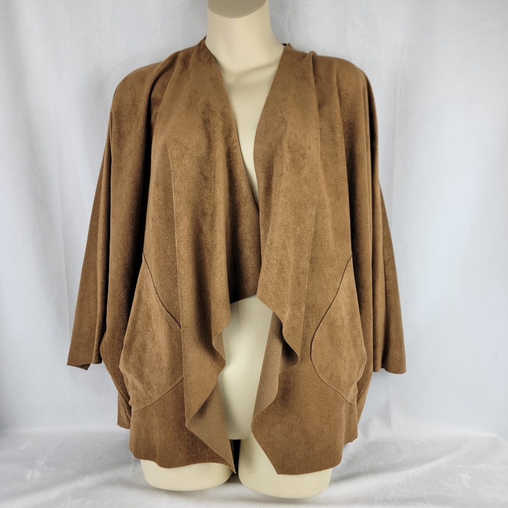 IC By Connie K Faux Suede Drape Jacket, Button‎ Pockets Tan M Wrap Cardigan